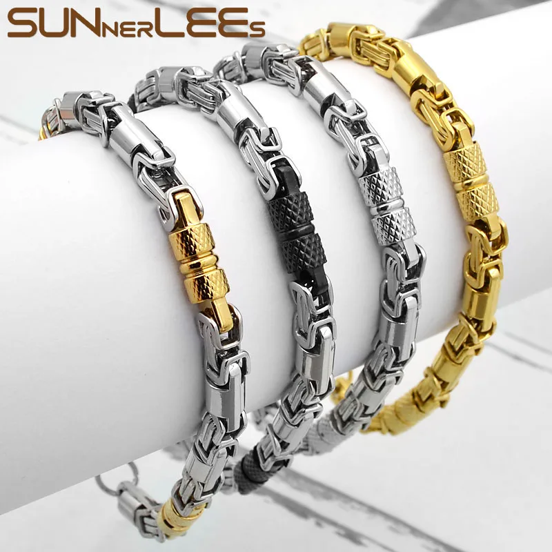 

SUNNERLEES 316L Stainless Steel Bracelet 6mm Geometric Byzantine Link Chain Silver Color Gold Plated Men Women Jewelry Gift SC42