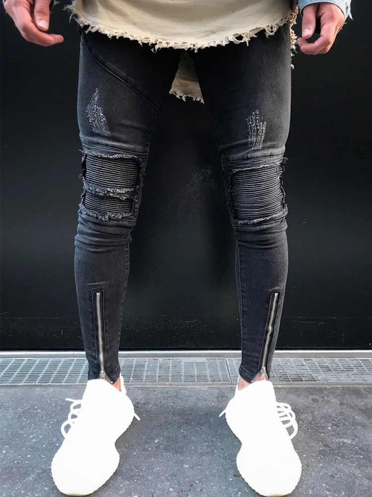KENNTRICE Ripped Jeans Men High Street Mens Distressed Slim Fit Denim Pants Knee Holes Washed Destroyed Male | Мужская одежда