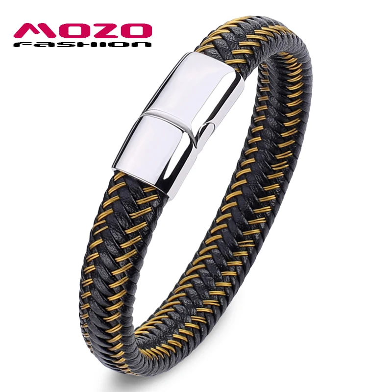 

MOZO FASHION 2020 Men Punk Bracelet Steel Wire & Leather Braided Rope Bracelet Stainless Steel Magnet Clasp Bracelet Gifts P2052