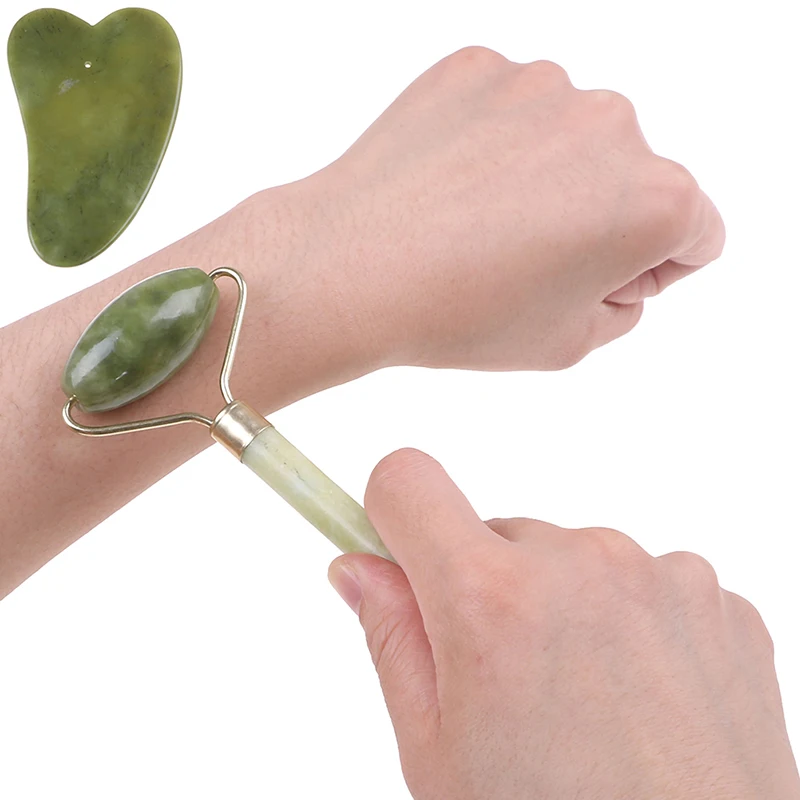 Массажный ролик + доска для массажа лица Guasha натуральный нефрит скребок
