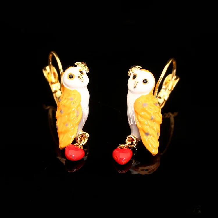 France New Pattern Enamel Snow Owl Crystal Glaze Red Heart Earrings Eardrop Plating Gold Jewelry free shipping | Украшения и
