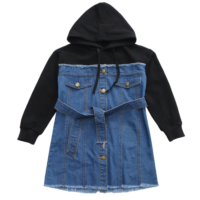 

Kids Dresses for girl fashion denim Patchwork long sleeve blue Sport Casual Dress princess Hooded School Street Party Dresses