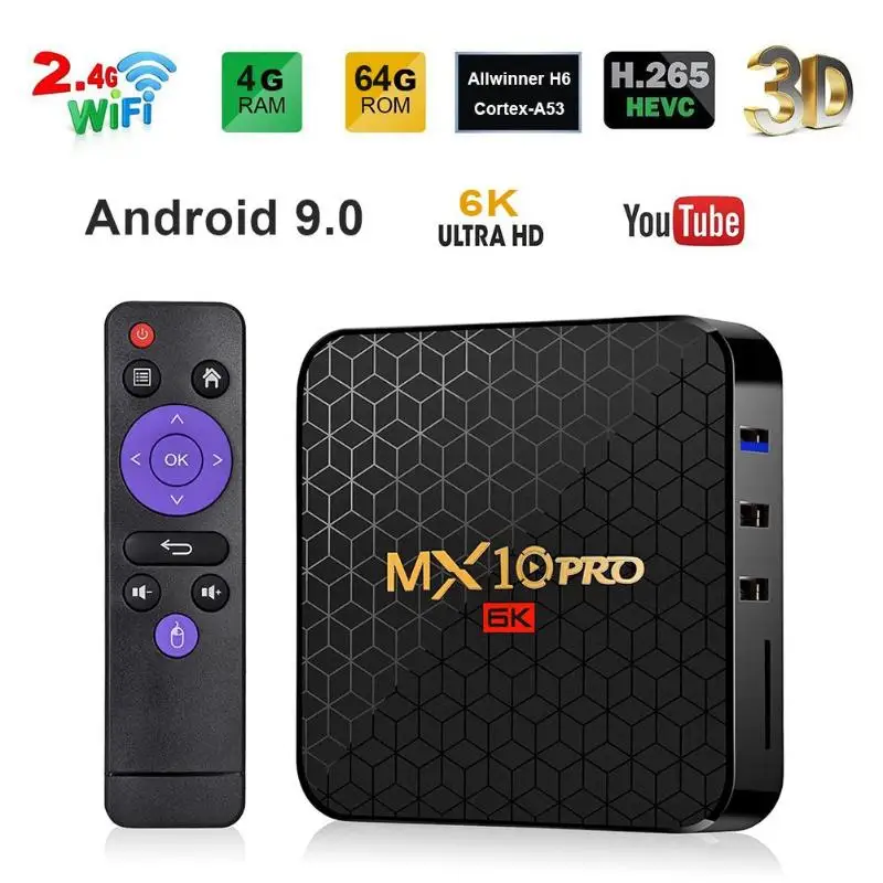 ТВ приставка MX10 Pro 4 Гб + 64 Гб/32 ГБ США/ЕС Android 9 0 четырехъядерный Allwinner H6 битный ARM