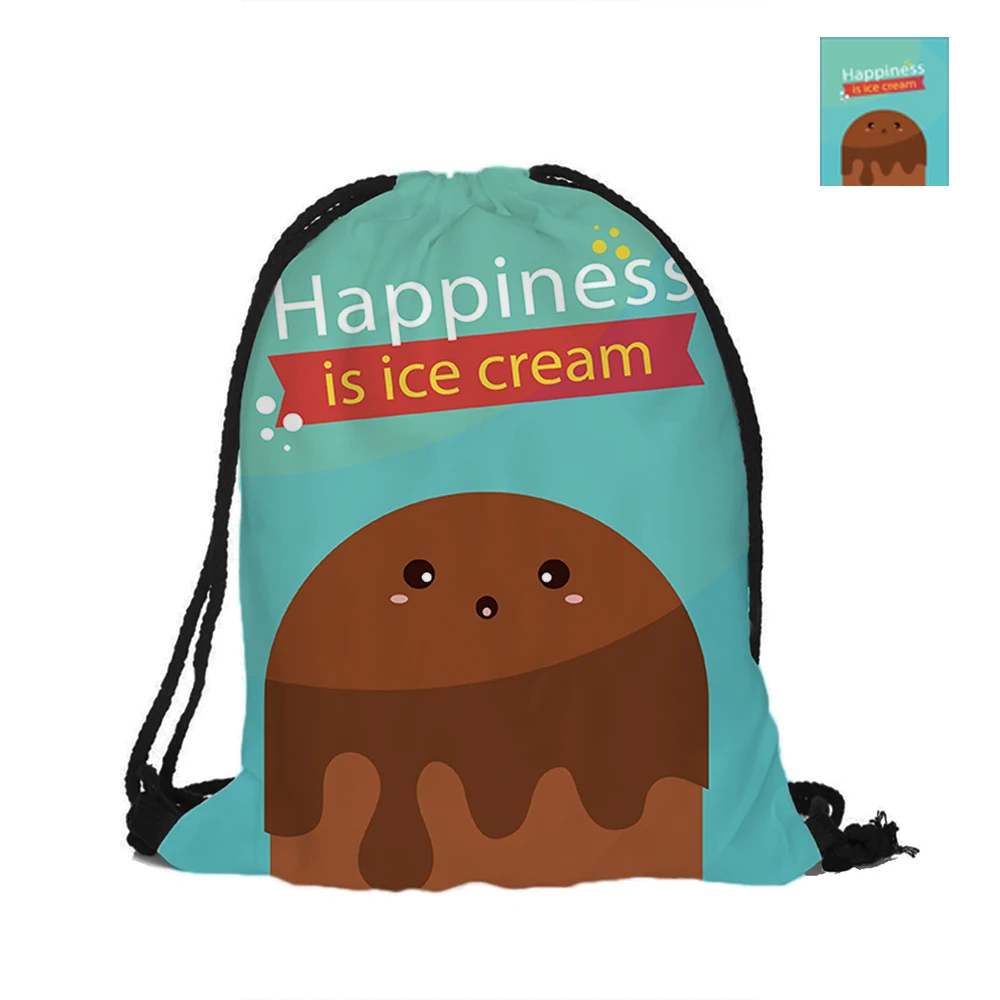 Ice Cream Printed Drawstring Backpack Double Sided Printing Polyester Pouch Backpacks For Travel And School Welcome Summer | Багаж и сумки