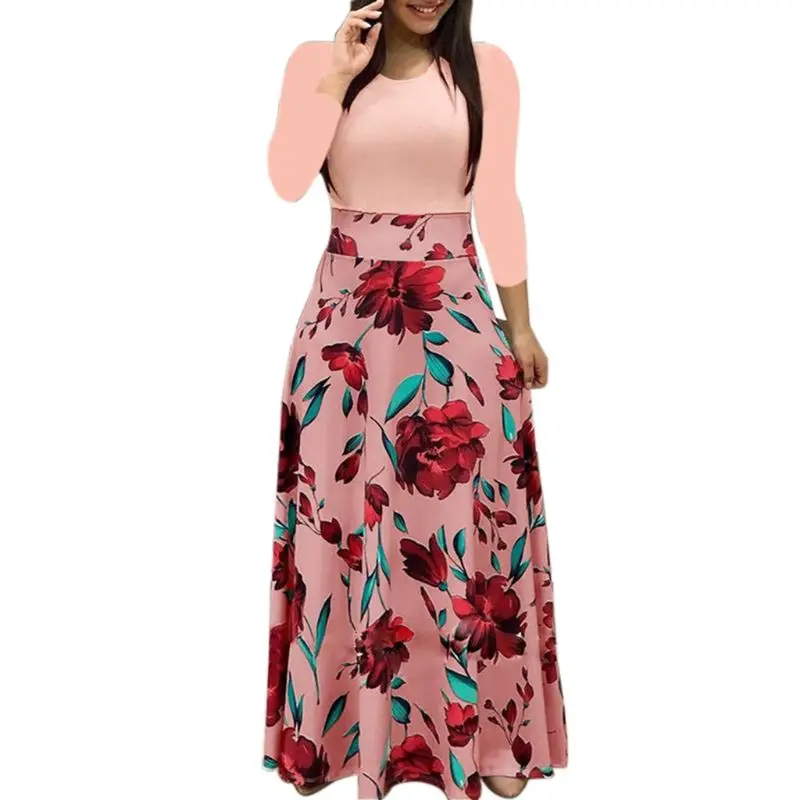 Bohemian Long Sleeve Maxi Flowy Dress Color Block Polka Dot Floral Patchwork Bodycon Empire Waist Vintage Skirt S-2XL | Женская одежда