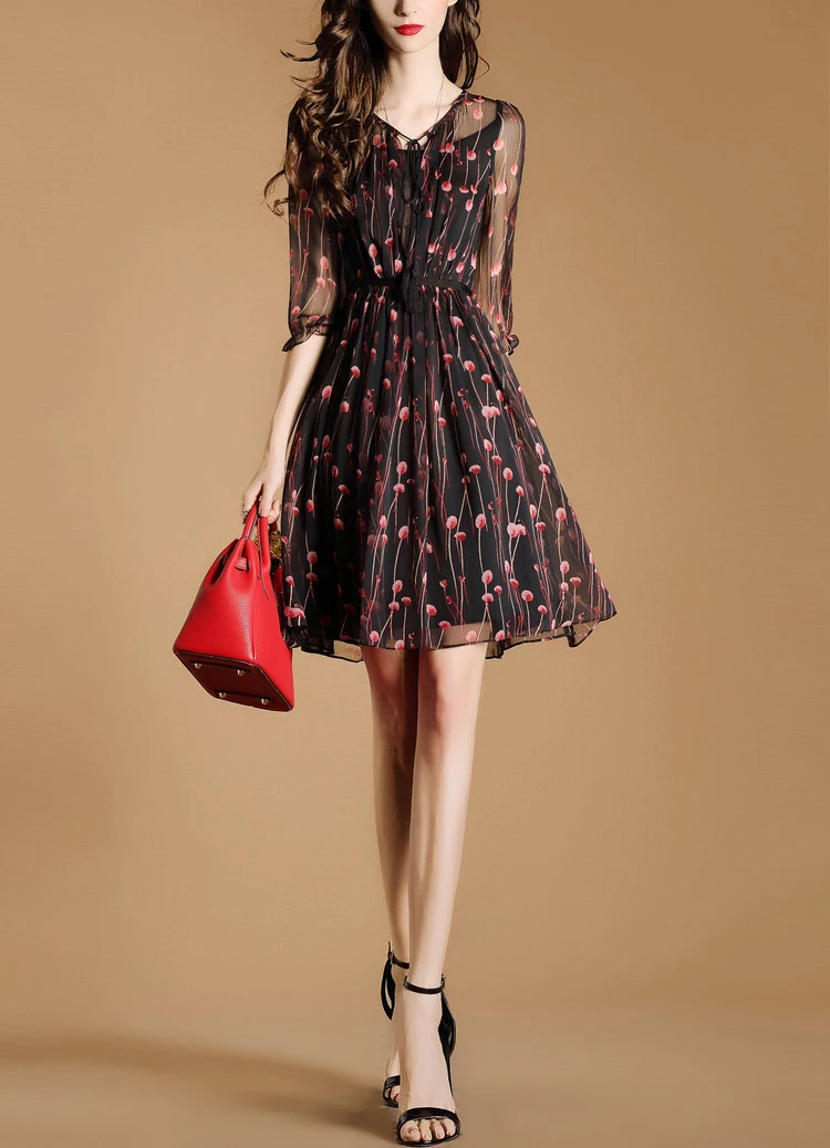 Fashion women dress ladies цветочные шифон vestidos симпатичные вишневый отпечатано v образным