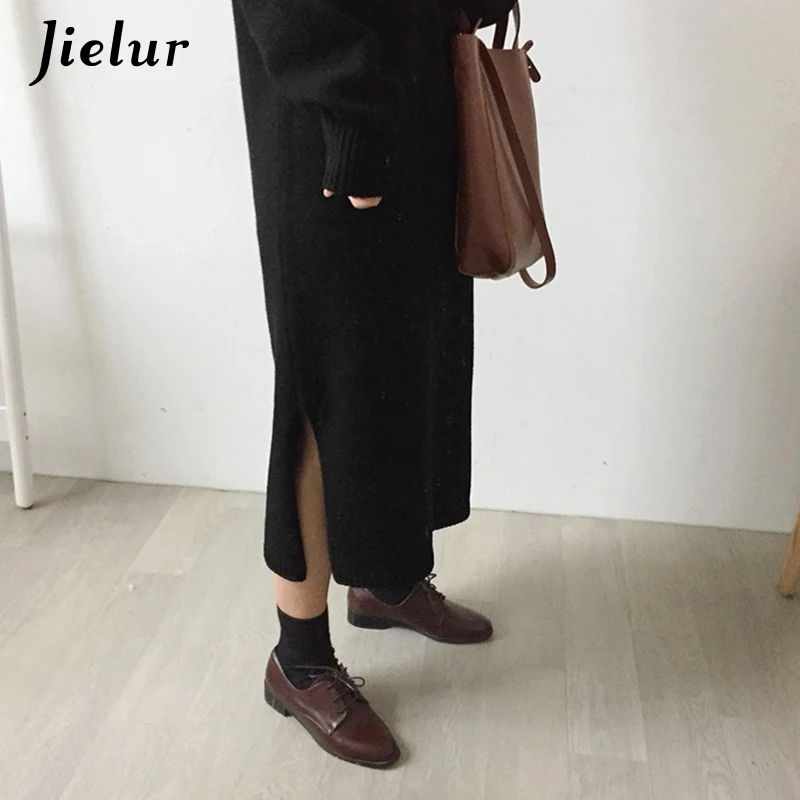 Jielur свитер платье для женщин Chic корейский Стиль Новый v образный вырез теплый