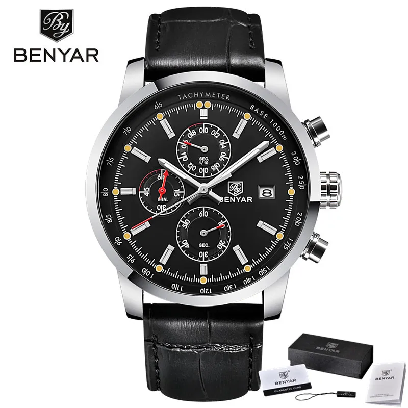 5102C04 with box Relogio Masculino BENYAR часы мужские Топ люксовый бренд хронограф спортивные мужские часы военные кожаные часы кварцевые наручные часы 5102 - Цвет: 5102C04 with box
