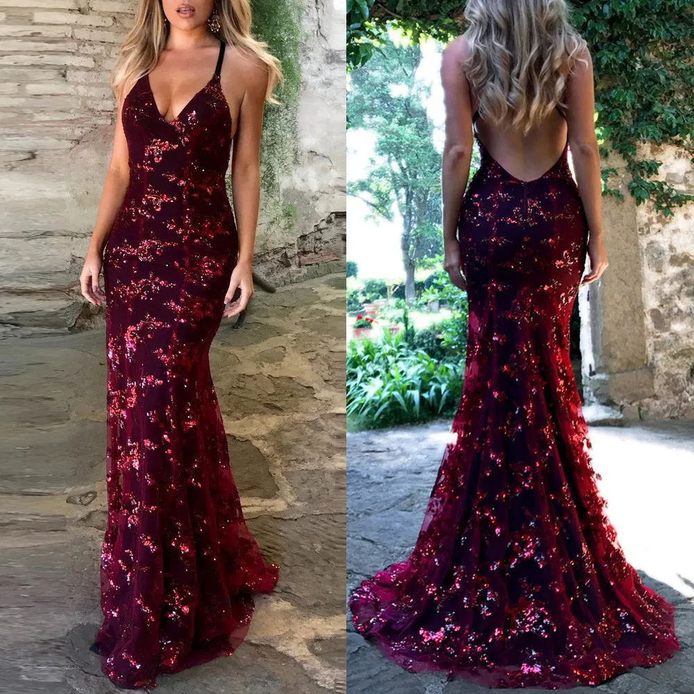 2019 maxi dress Womens Strappy Bandage Sleeveless V Neck Dress Sequined Prom Gown long party robe femme 0.4 | Женская одежда