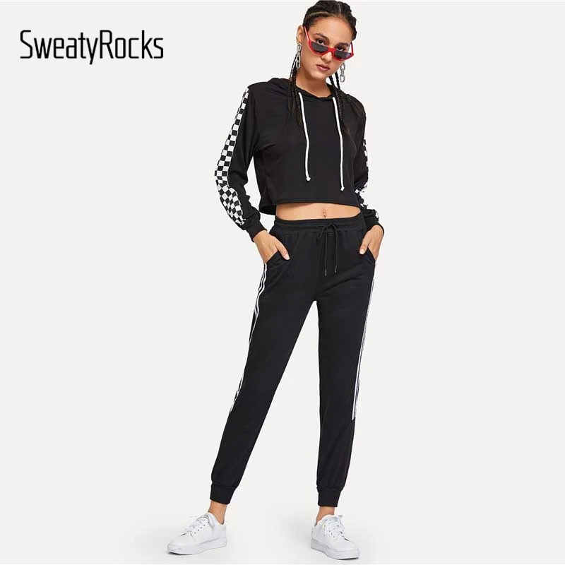 SweatyRocks с завязками на талии, с полосатой отделкой, черные спортивные штаны, средняя талия, для упражнений, конические длинные штаны, осенние женские повседневные штаны