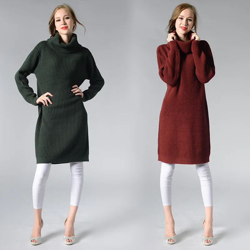 Women Long Sweater Dress Loose High Neck Retro Solid Knit Base Jumper Turtleneck Large Free Size Casual Wear Autumn Winter | Женская