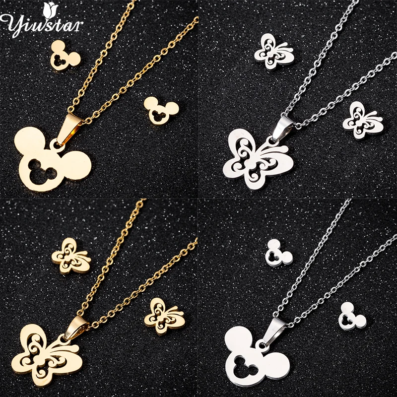 Yiustar изысканный Butterfuly Серьги Гвоздики ожерелье комплекты украшений для женщин девочек дети Милая мышь из нержавеющей стали бижутерия с Микки