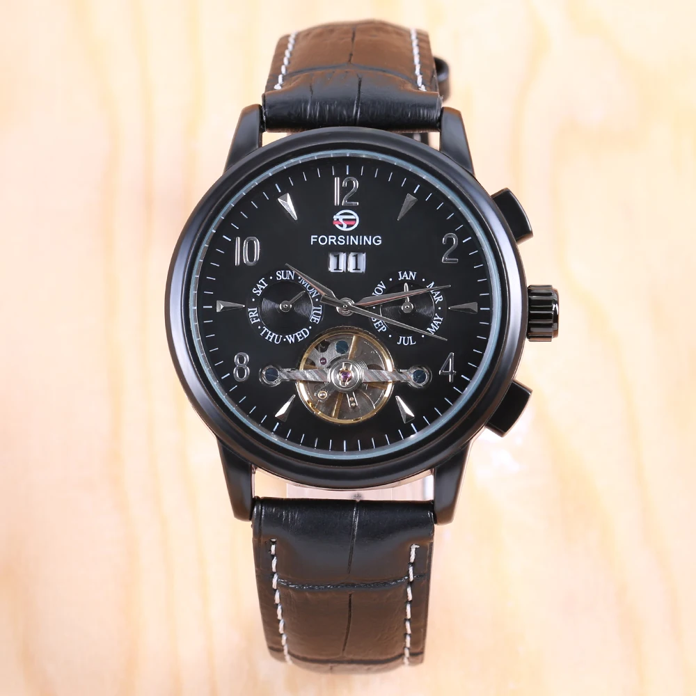 2018 Forsining Tourbillion модные волнистые черные часы многофункциональный дисплей Мужские