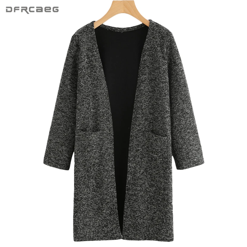 2018 Autumn Winter Coat Women Fashion Open Stitch Pockets Female Cardigans Plus Size Gray Long Sleeve Knitting Sweater Outerwear |