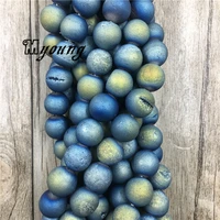 matte blue titanium druzy agates geode beads natural round loose beads15 5 metallic coated beads for jewelry making my1620