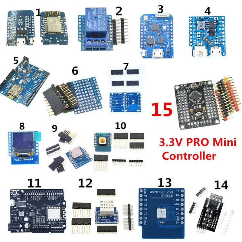 1-15 Kits WeMos D1 полный спектр комплекта ESP8266 Wifi мини ESP-12F/12E DHT22 AM2320 CP2104 CH340 релейный модуль sd-карта макетная плата - Цвет: 1-15 Kits