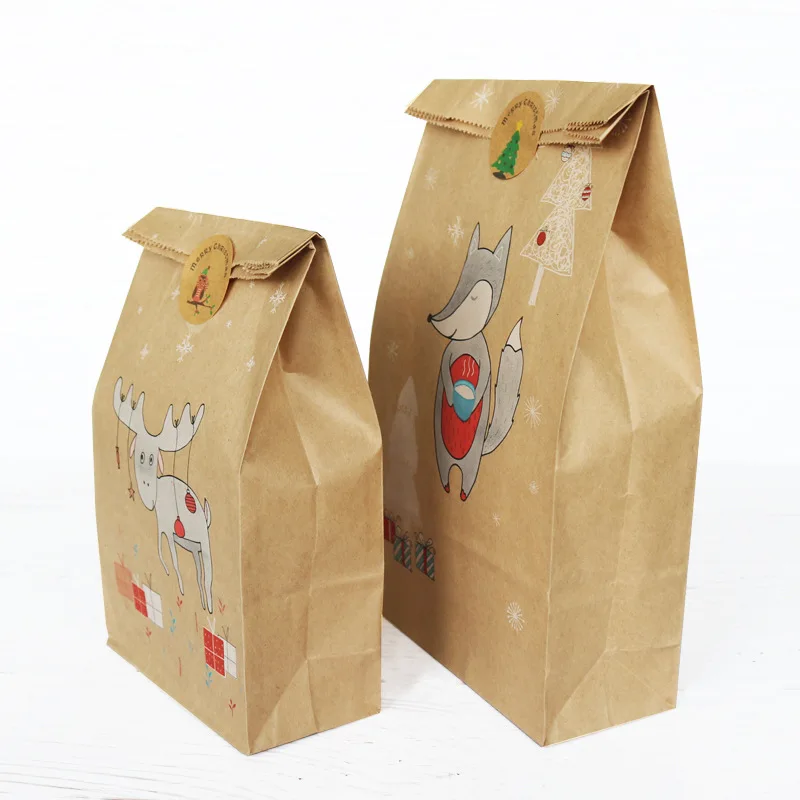 12pcs Christmas Kraft Paper Bag Fox Moose Snowflake Gift Stickers Xmas Candy Dragee Food Cookies Packing Bags | Дом и сад