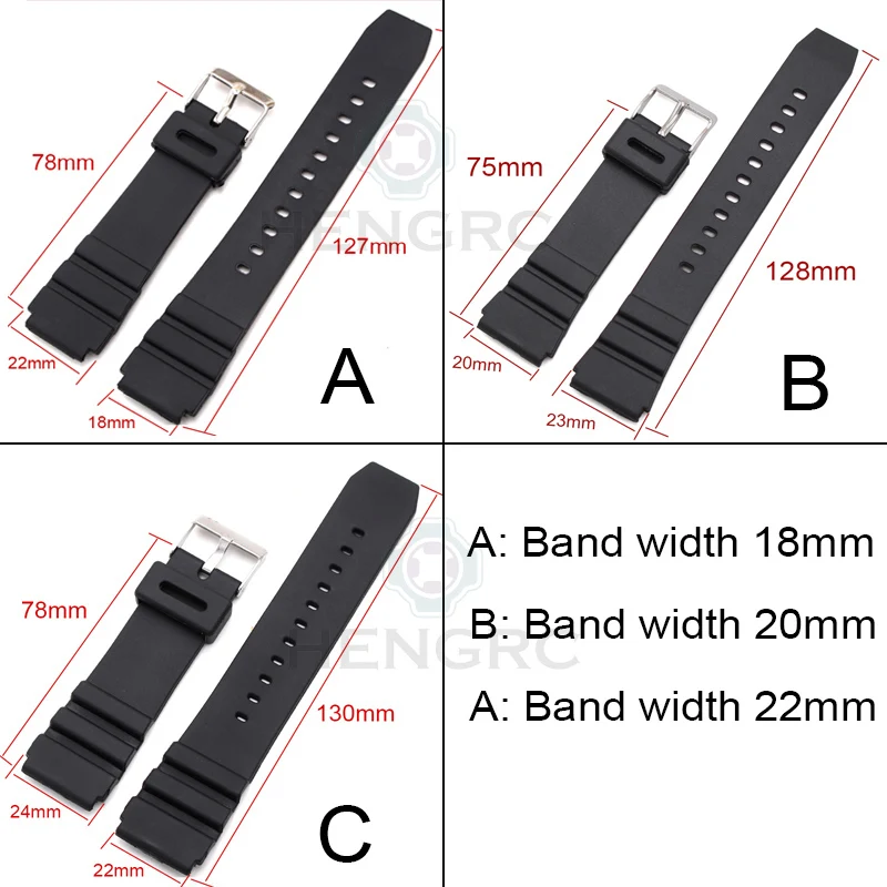 Silicone Watchbands 18 20 22mm Men Black Sports Diving Rubber Watch Strap Silver Stainless Steel Buckle For Casio