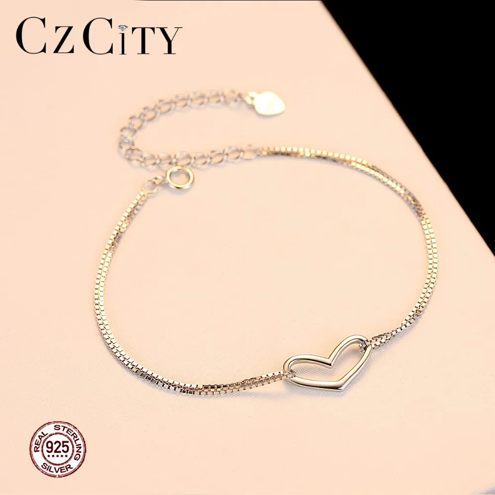 Czcity бренд стерлингового серебра Для женщин сердце Любовь Шарм браслет простой Стиль девушке подарок ювелирные изделия Нежный браслет-цепочка для Для женщин