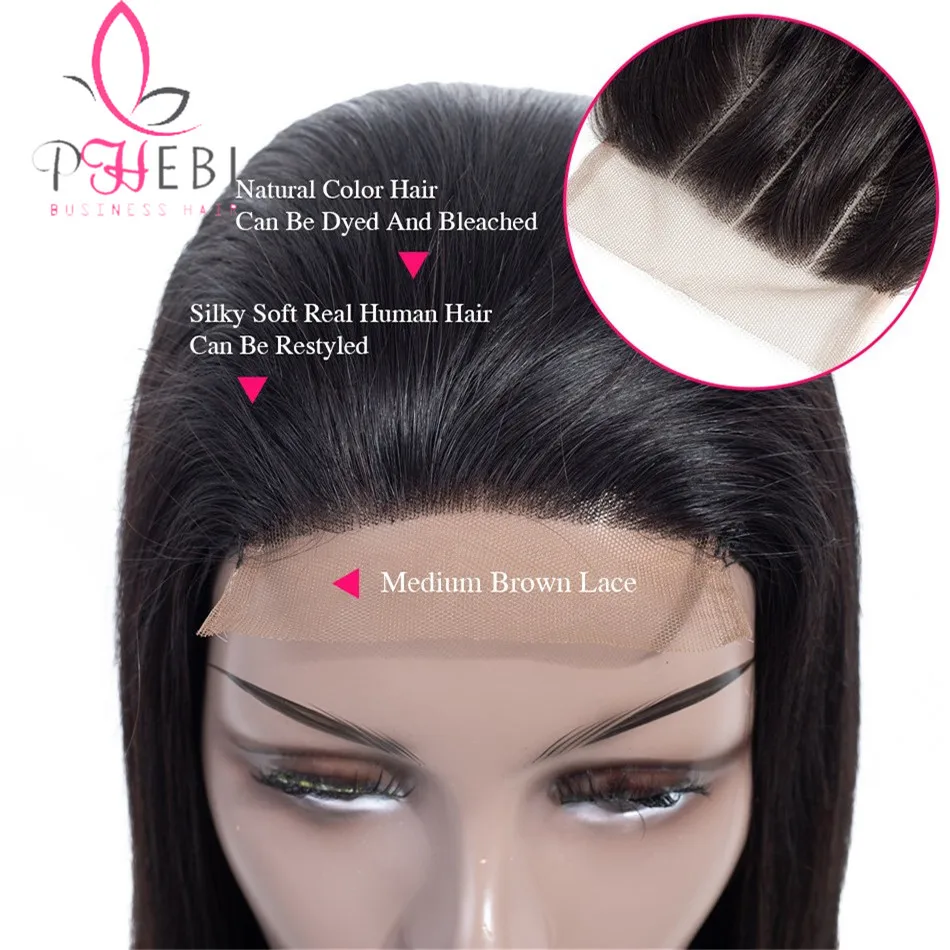 PHEBI 4*4 Lace Closure Human Hair Wigs Brazilian Straight Non-Remy Wig For Black Women Natural Color 130% Density | Шиньоны и парики