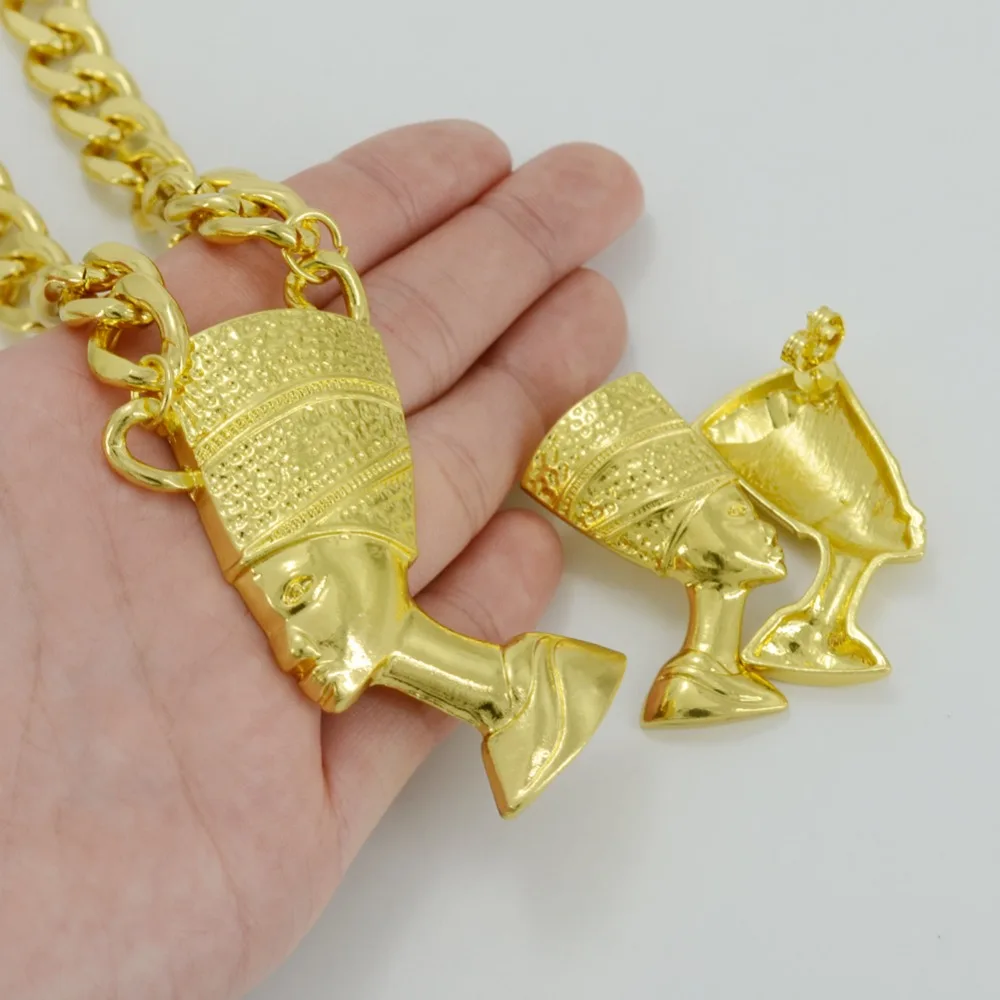 Anniyo Two Gold Color Egyptian Queen Nefertiti Pendant Thick Chain Earrings Sets Jewelry Africa Egypt #050406 | Украшения и