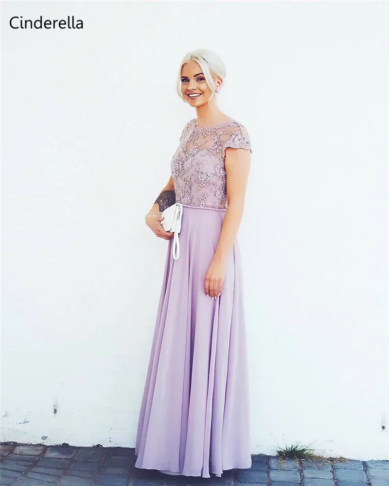 

Cinderella Lavender A-Line Cap Sleeves Lace Applique Crystal Beaded Chiffon Evening Dresses vestidos de fiesta de noche