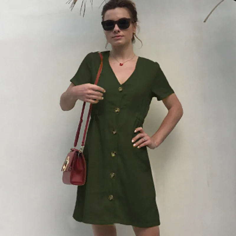 

2018 Summer Dress Women Office Dress Elegant V neck Vestidos Casual Dresses Solid Color A line Ladies Mini vestidos