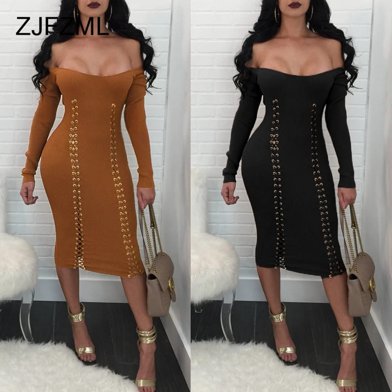 ZJFZML Women Sweater Dress Sexy Off Shoulder Midi Bandage Winter Kintted Full Sleeve Lace Up Slim Causal Club Vestidos | Женская одежда