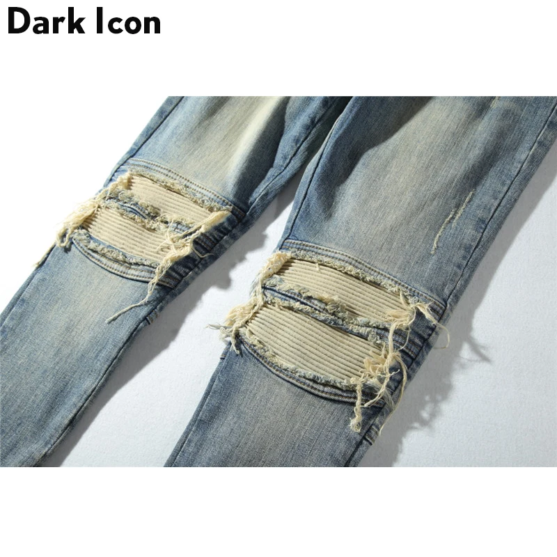 Dark Icon Pleated Knee Regular Hip Hop Jeans Men 2019 High Street Motorcycle Ankle Length Men's Jeans Denim Pants Full Length