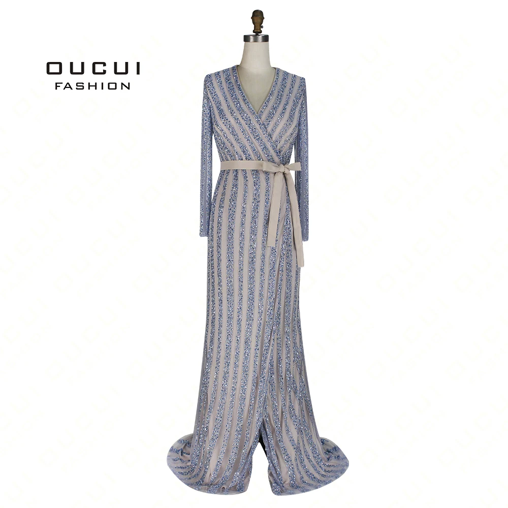 Robe de marie длинное вечернее платье ручной работы с бусинами элегантные вечерние платья с длинными рукавами синего цвета OL102933