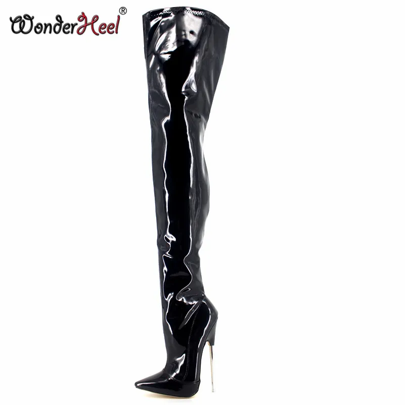 Wonderheel/Новые пикантные фетиш-сапоги на экстремально высоком металлическом каблуке-шпильке примерно 18 см с острым носком из лакированной кожи - Цвет: Черный