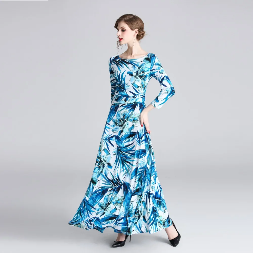 S-XXL spring summer woman dress white background blue leaf flower pattern print 3/4 sleeve ankle length fashion maxi | Женская одежда