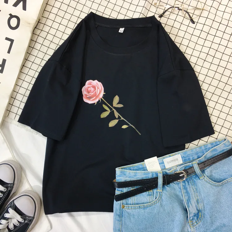 

Women Summer T Shirt Casual Summer Tshirts Flower Print Loose T-shirt Short Sleeve O-neck Femme Tops & Tees Plus Size Girls Top