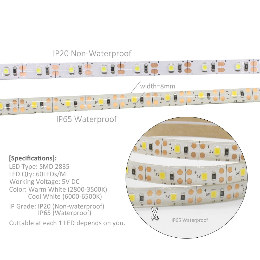 Светодиодная водонепроницаемая лента приглушаемая LED полоска с питанием от USB 5 в