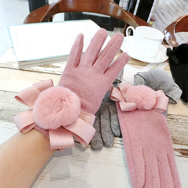 New Arrival Touch Screen Glove Cashmere Girl Sweet Cute Bowknot Warm Knitted Women Spring Winter Gloves Thick Mittens | Аксессуары для