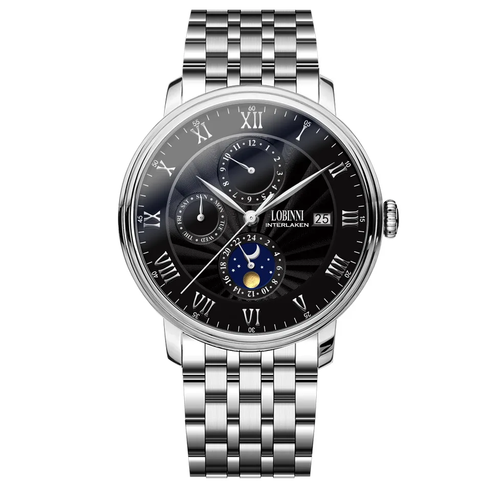 LOBINNI Men Business 50M Waterproof Dress Multifuction Automatic Mechanical Wrist Watch With Month,Date,Night Day,Week- Silver