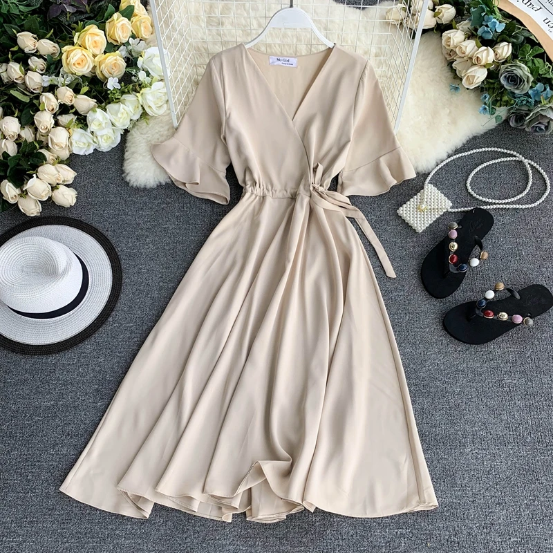 Women Summer New Fashion Sexy V Neck Short Sleeve Dress Ladies Below Knee Length Dresses Vestido Blue/Apricot | Женская одежда