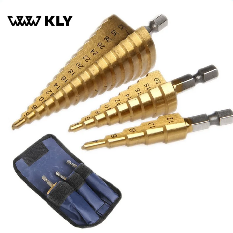 WWW KLY 4-12 мм 4-20 мм 4-32 мм HSS ступенчатое сверло с шестигранным хвостовиком конусное металлическое сверло с титановым покрытием набор инструментов для резки отверстий