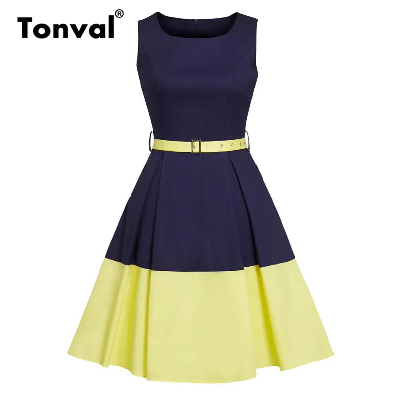 Tonval Navy Blue and Yellow Color-block Vintage Retro Dress Women Belted Slim Fit Pocket Office Ladies Pleated Cotton Dresses | Женская