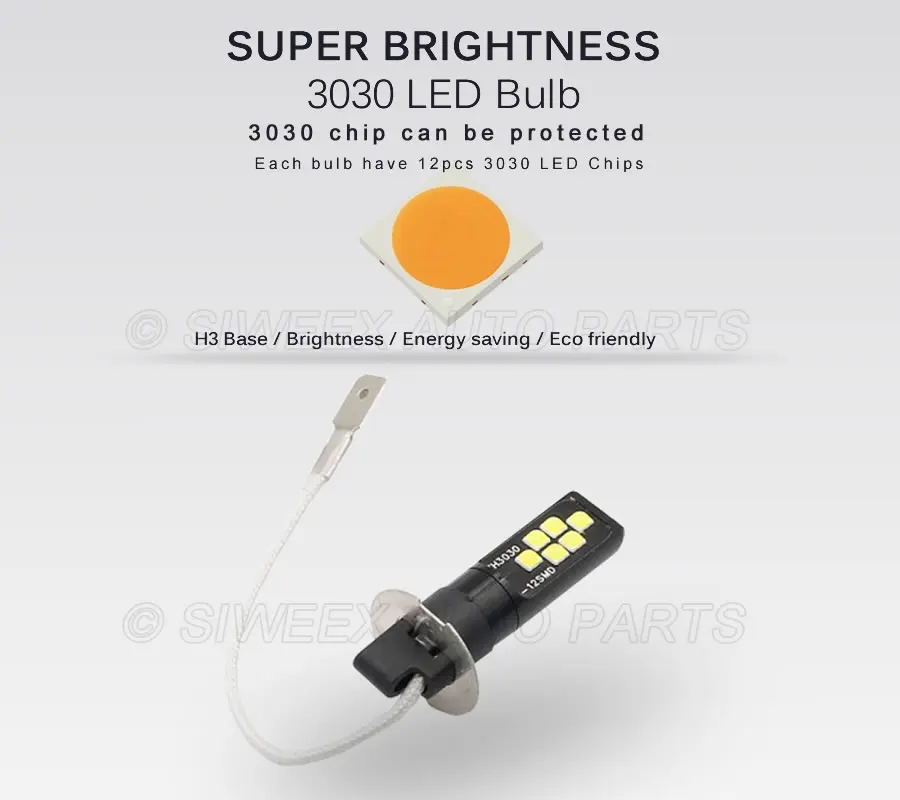 Супер яркий H3 светодиодный 12 SMD 3030 автомобиль для вождения автомобиля головной