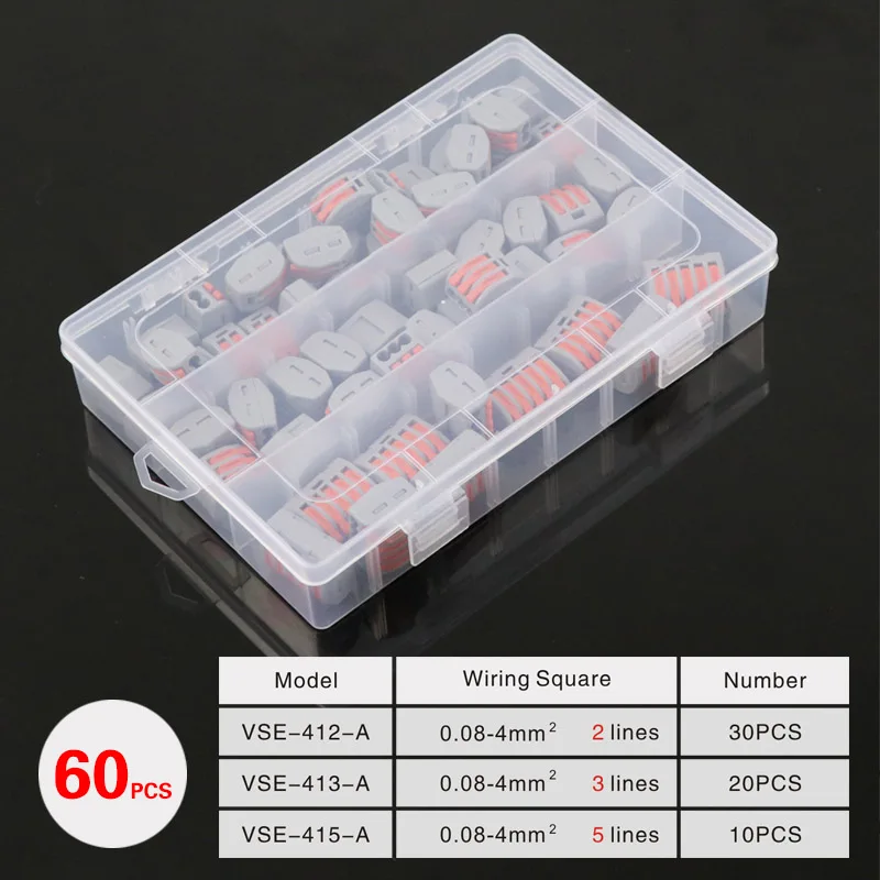 VSE-412-A SET3 60 шт. быстрое Сращивание электрической проводки клеммы соединители проводов кабель провода Кабельный соединитель Терминатор набор электрических терминалов - Цвет: VSE-412-A SET3