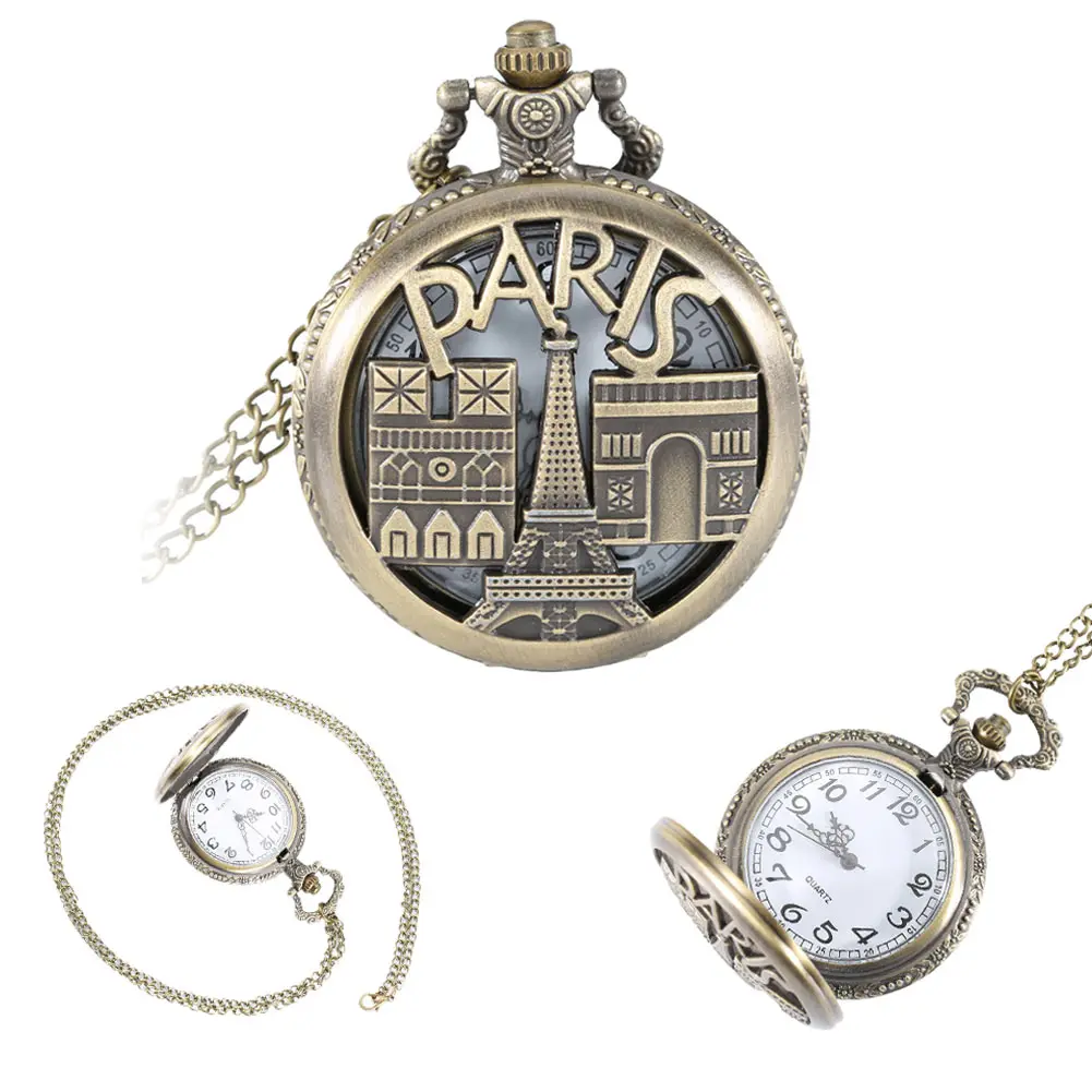 

Vintage New Timer Hollow Paris Ancient Building Tower Quartz Pocket Watch Men Women Necklace Pendant Chain Watches Boy Girl