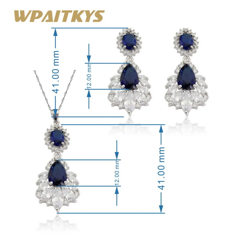WPAITKYS, синий кристалл, серебряный цвет, наборы свадебных ювелирных изделий для женщин, браслеты, серьги, кольца, ожерелье, подвеска, подарочная коробка