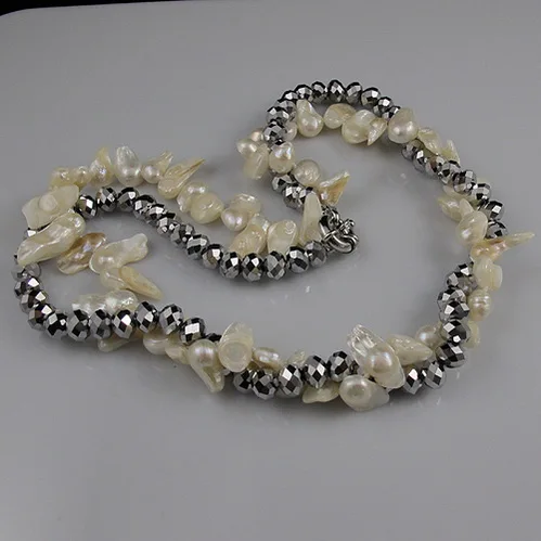 

Unique Pearls jewellery Store,White Baroque Real Freshwater Pearl Gray Crystal Beads Necklace,2rows Charming Women Gift Jewelry