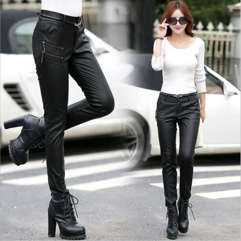 Женские кожаные брюки большого размера женские модные облегающие однотонные