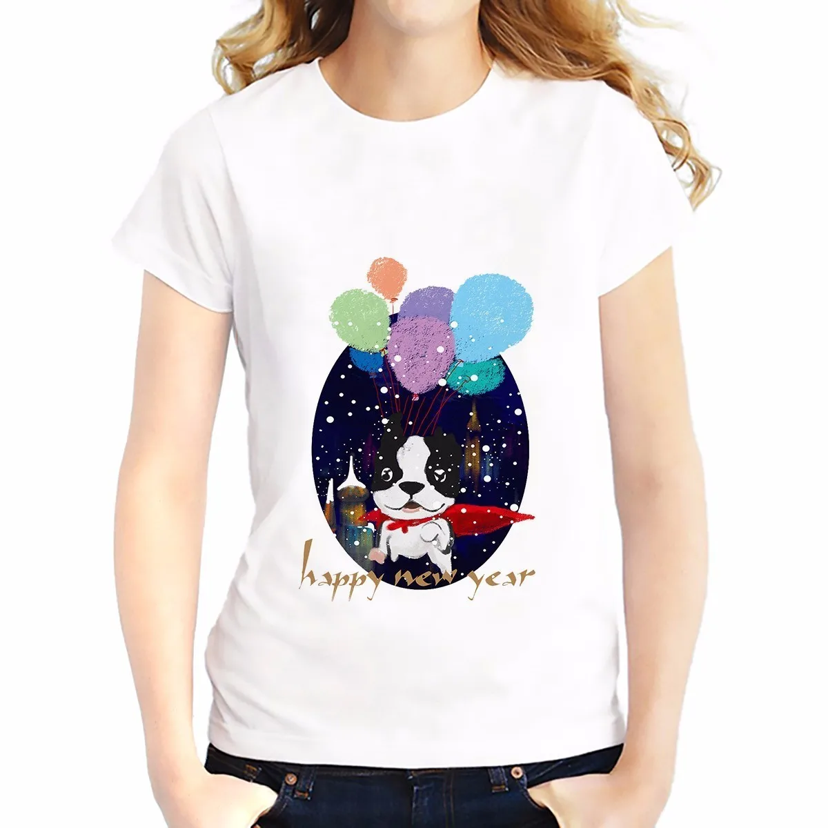 Супер собака с воздушными шарами новым годом дизайн футболка короткий рукав