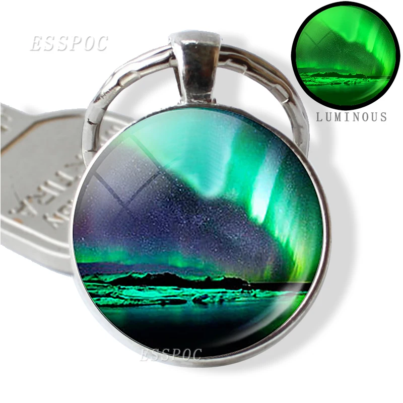 Northern Lights Aurora Photo Round Keychain Luminous Glass Cabochon Jewelry Handmade Supply for Pendant Fashion Key Chain Gift | Украшения