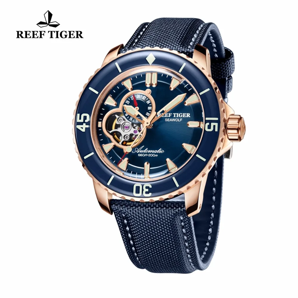 Мужские спортивные часы Reef Tiger водонепроницаемые из розового золота синего
