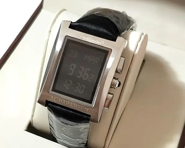 Silver Black Screen Мусульманские часы с Adhan Time black screen Hijri Calendar Qiblah для всех стран, в которых находится ислам, Harameen Man, Классические наручные часы - Цвет: Silver Black Screen