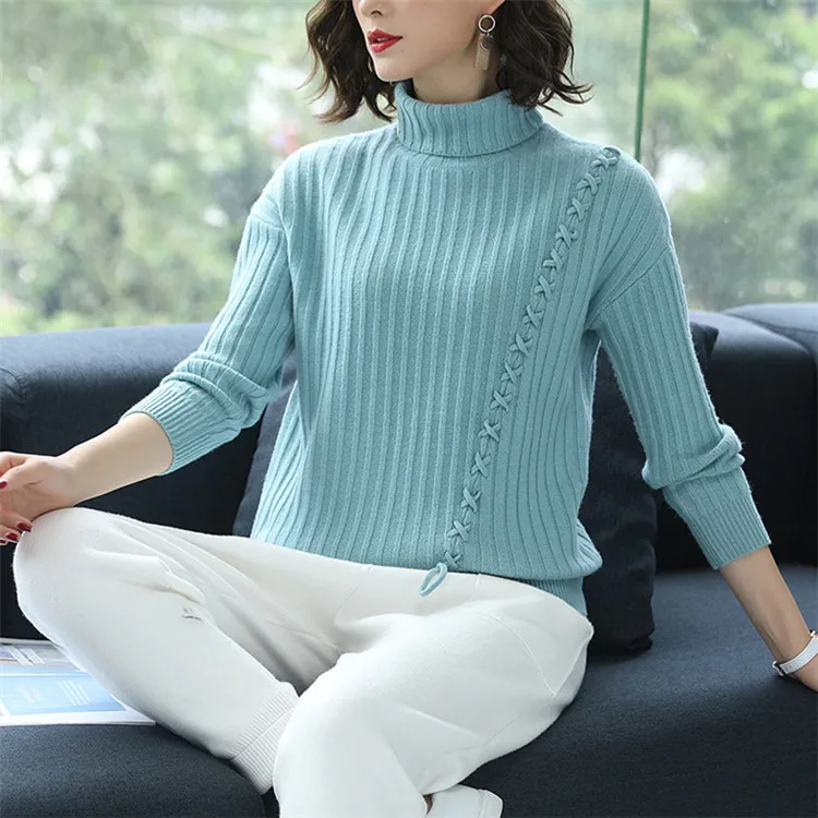 pure wool turtleneck knit women fashion cross lace up pullover sweater solid color S-M retail wholesale | Женская одежда